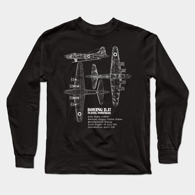 B-17 Flying Fortress | World War 2 Plane Blueprint Long Sleeve T-Shirt by Distant War